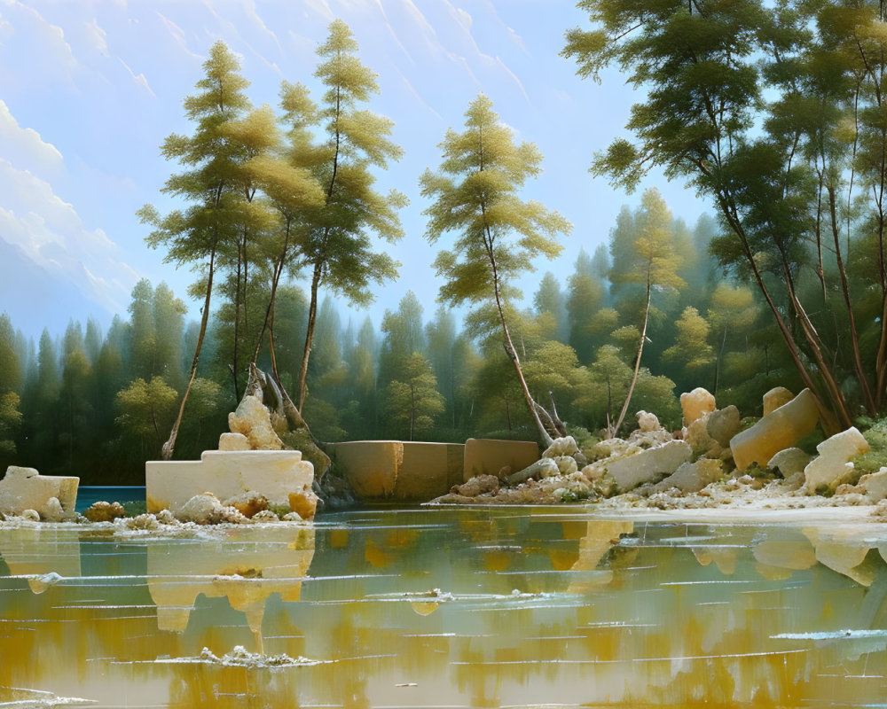 Tranquil landscape: still lake, golden trees, lush greenery, stone blocks
