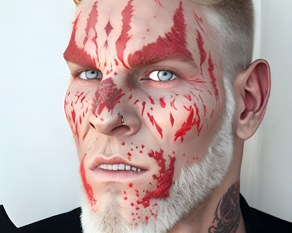 Man with gold horns, red face paint, nose piercings, blue eyes, and rose tattoo