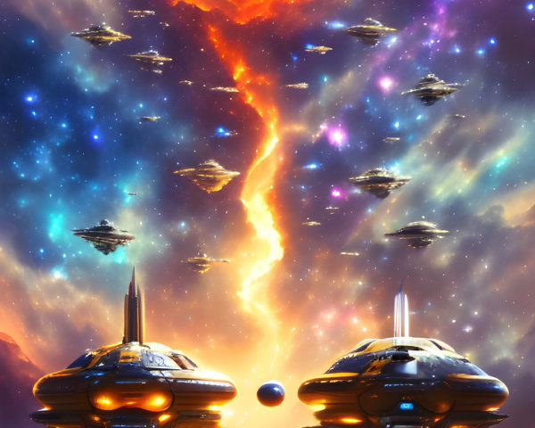 Colorful Spaceships Soar Among Nebulas and Planets