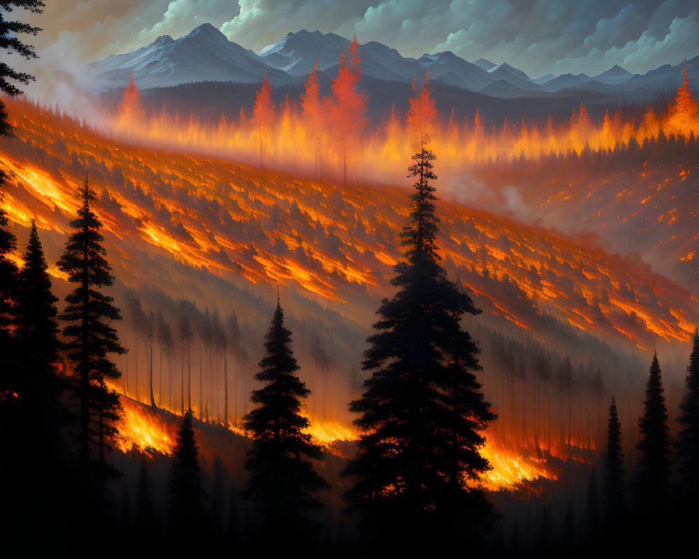 Destructive wildfire engulfs forest near mountain range