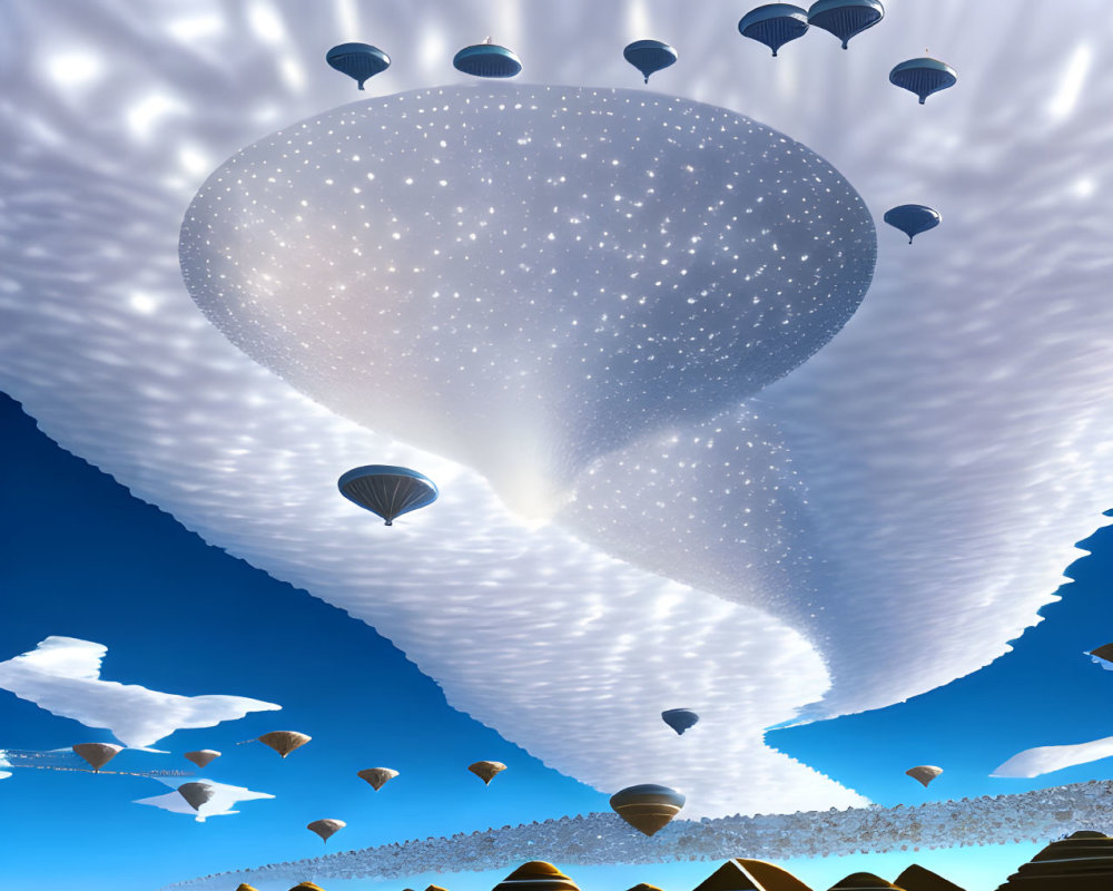 Surreal landscape with ascending hot air balloons in radiant sky