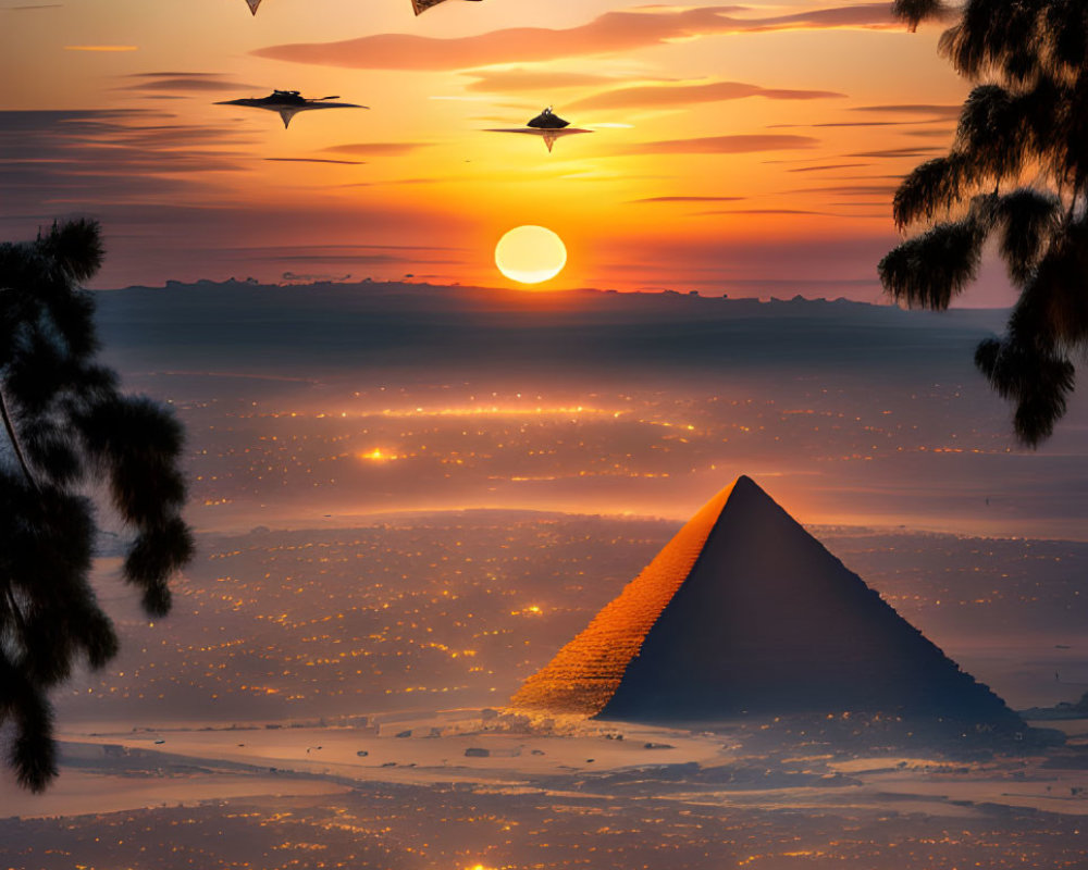 Egyptian Pyramids Sunset with Silhouetted Tree Branch & Flying Vehicles