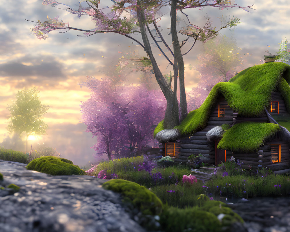 Tranquil fantasy cottage with moss-covered roof in serene forest