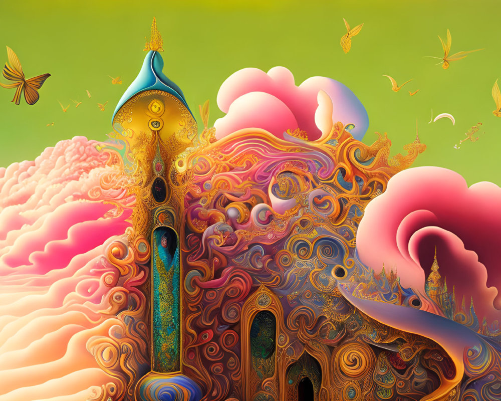 Fantastical landscape with whimsical structure and colorful clouds