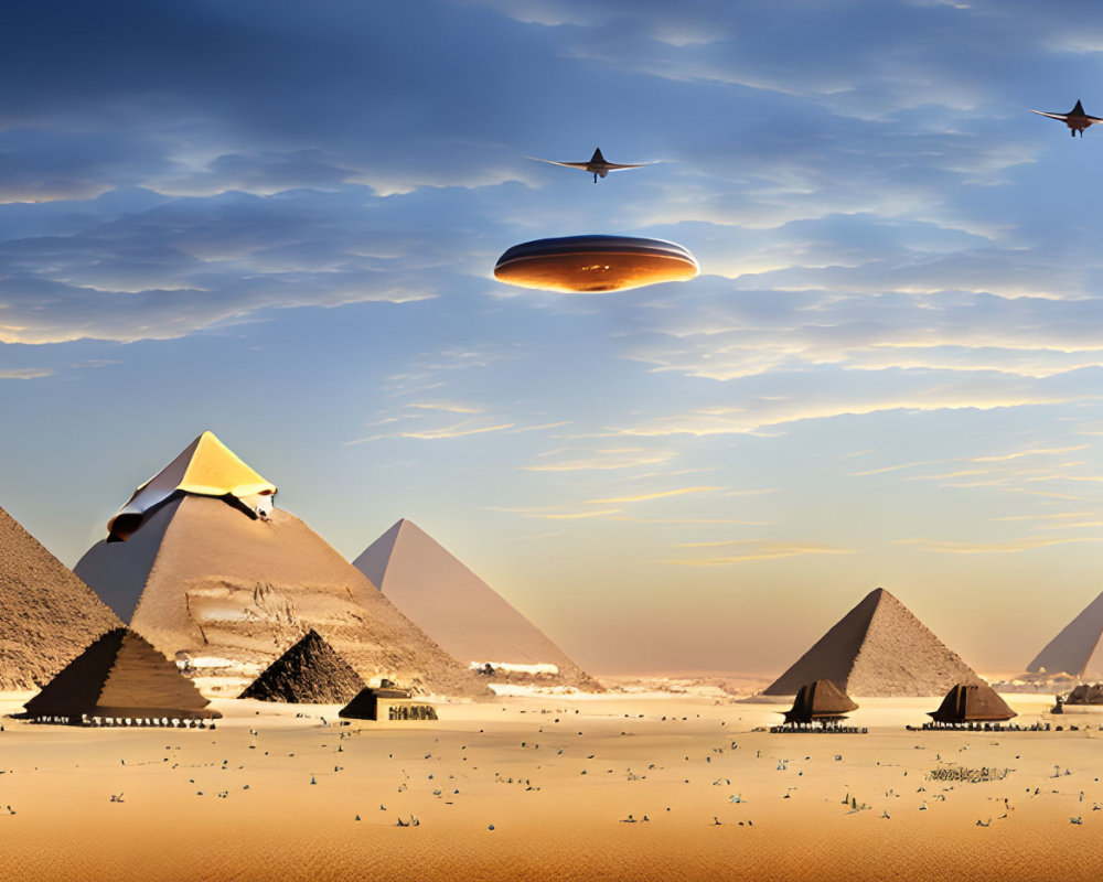 Desert sunset with pyramids and flying saucers in surreal scene