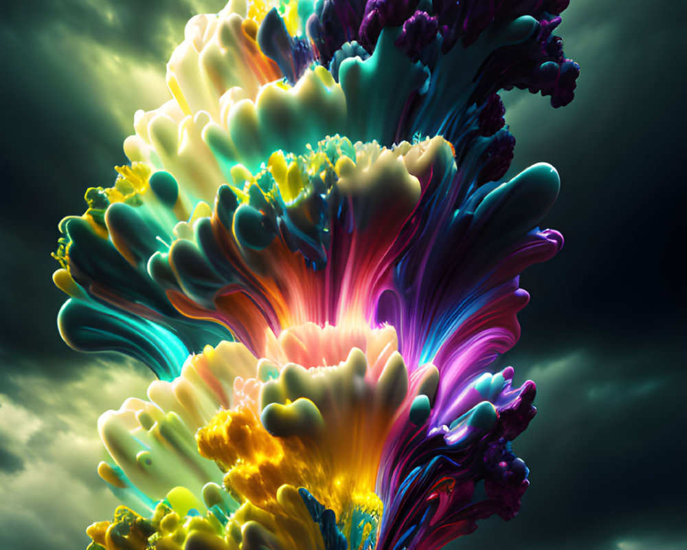 Colorful surreal artwork: intricate coral-like structure under dramatic sky