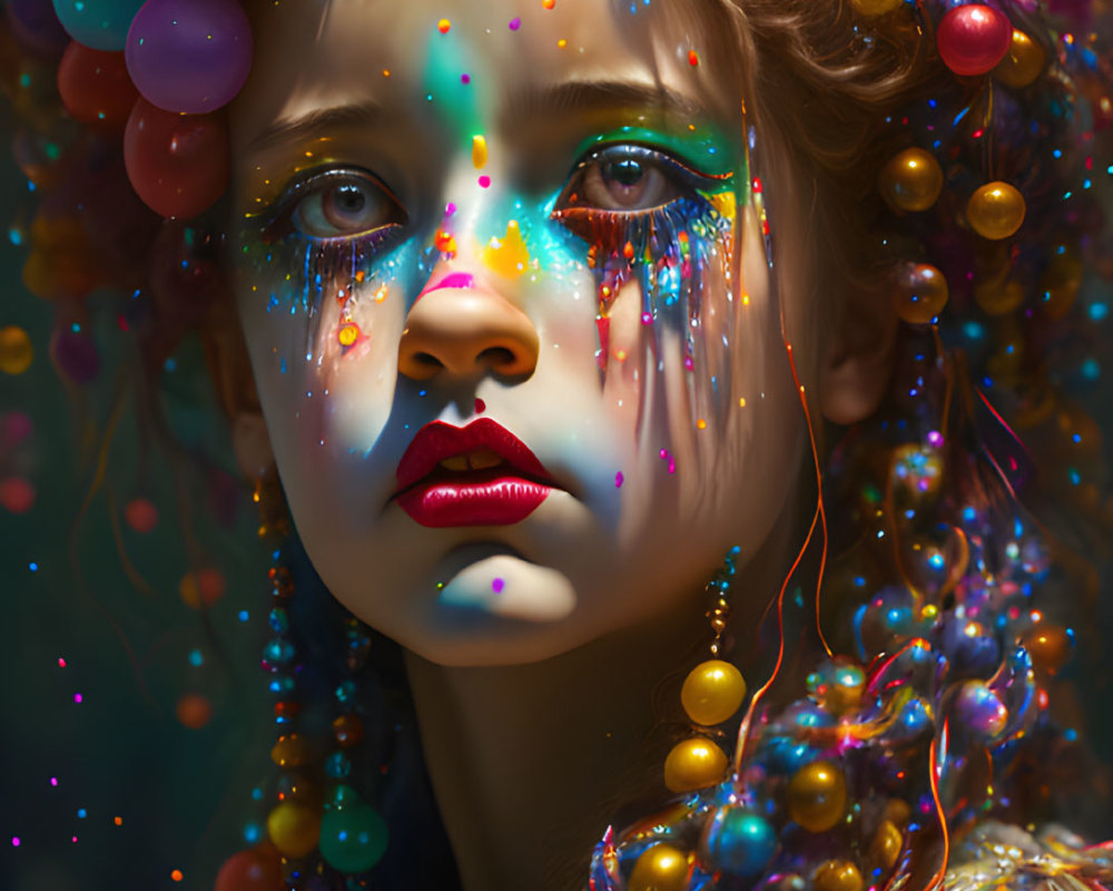 Young girl with vibrant makeup and glitter tears in dreamy setting