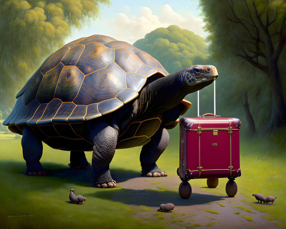 Animated tortoise with pink suitcase and small tortoises on tree-lined path