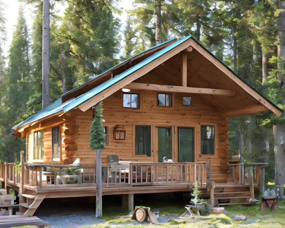 Wooden cabin with green roof in lush forest, deck, large windows & pine trees