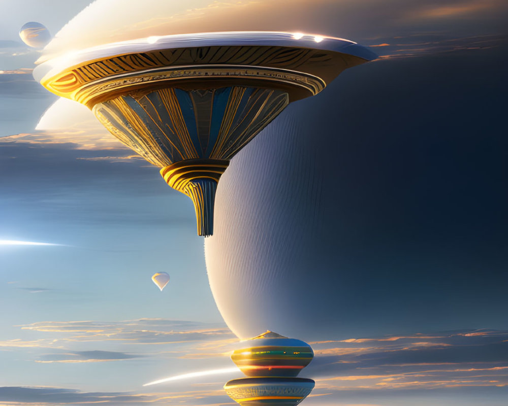 Futuristic sci-fi scene: floating cities above clouds, planet and moons.