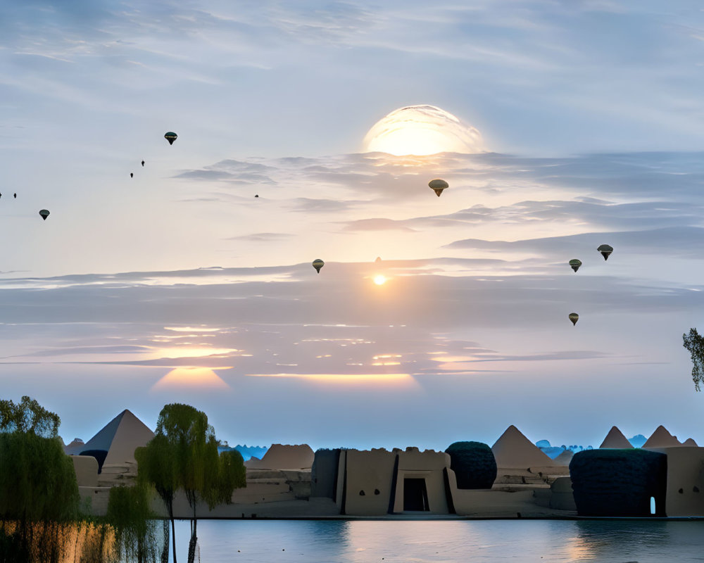 Tranquil lake sunrise with hot air balloons and traditional buildings
