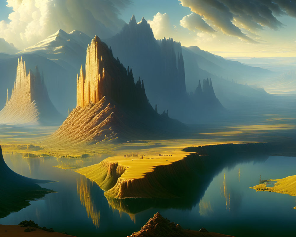 Majestic fantasy landscape with rock formations, lakes, valleys, mountains, and dramatic lighting