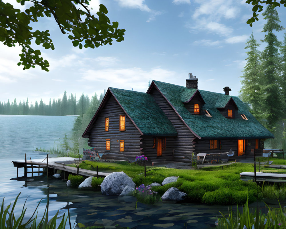 Tranquil Lakeside Scene with Wooden Cabin Amid Greenery