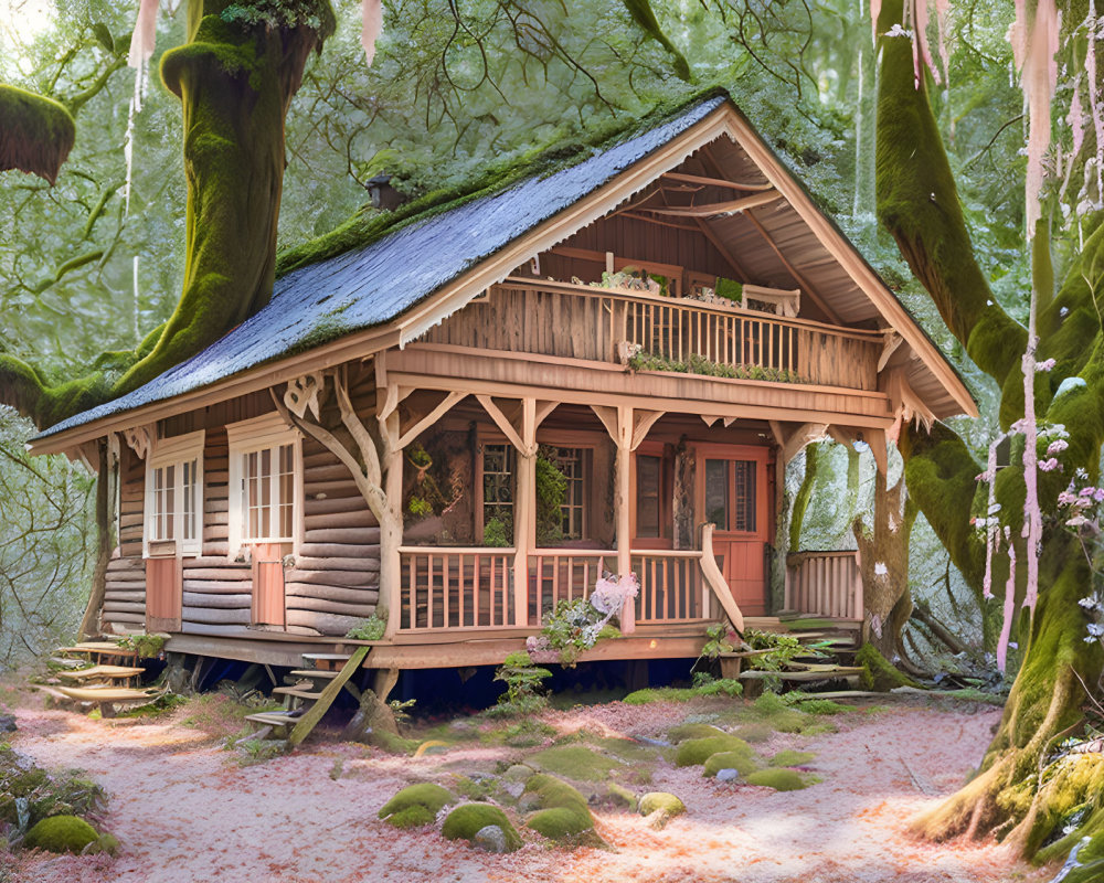 Rustic wooden cabin with balcony in mossy forest setting
