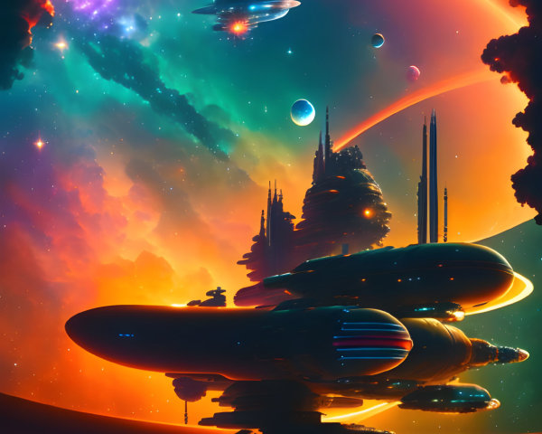 Futuristic spacecrafts orbit colorful nebulae and stars