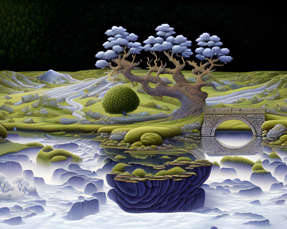 Surrealist landscape with tree, stone bridge, hills, and mirrored sky