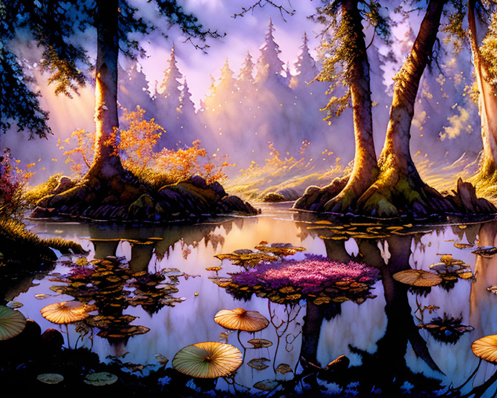 Vivid Purple Forest Scene with Reflecting Water and Blooming Lilies