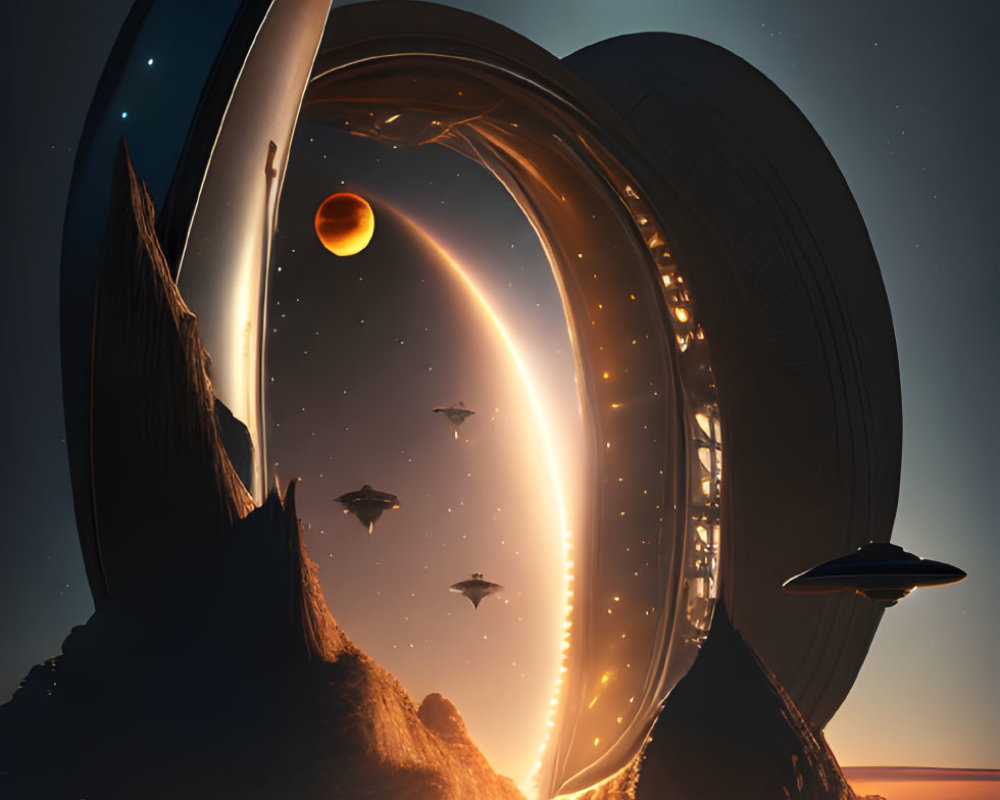 Sci-fi dusk landscape with futuristic structures and spaceships.