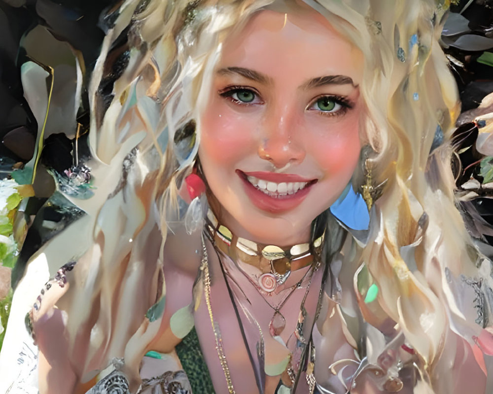 Blonde Woman Smiling in Green Top with Sunlit Foliage