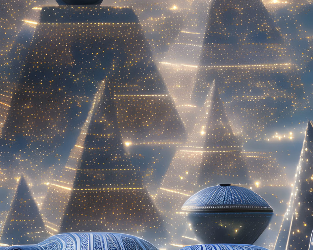 Elephants under UFOs near Pyramids in surreal night scene