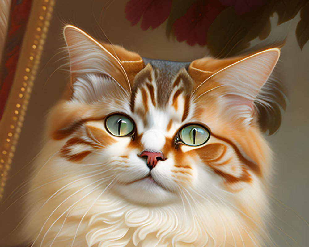 Long-Haired Orange and White Cat with Green Eyes in Floral Setting