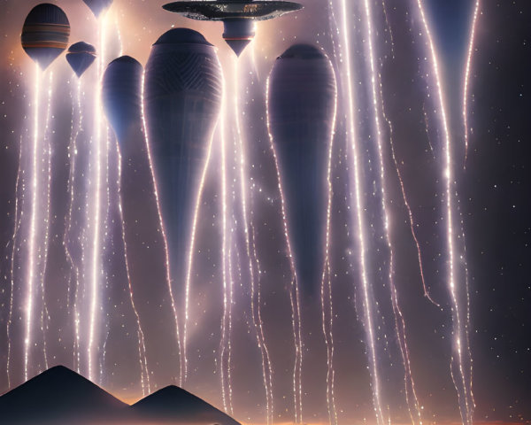 Fantasy nightscape with hot air balloons, stars, misty mountains, and serene river