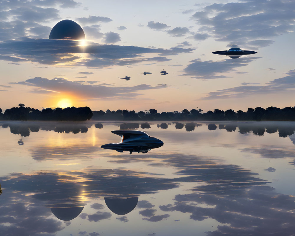 Tranquil lake at sunrise with silhouetted trees, flying saucers, pyramid,