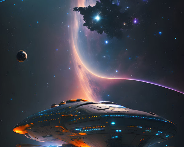 Futuristic spaceship in space with celestial bodies and colorful nebula