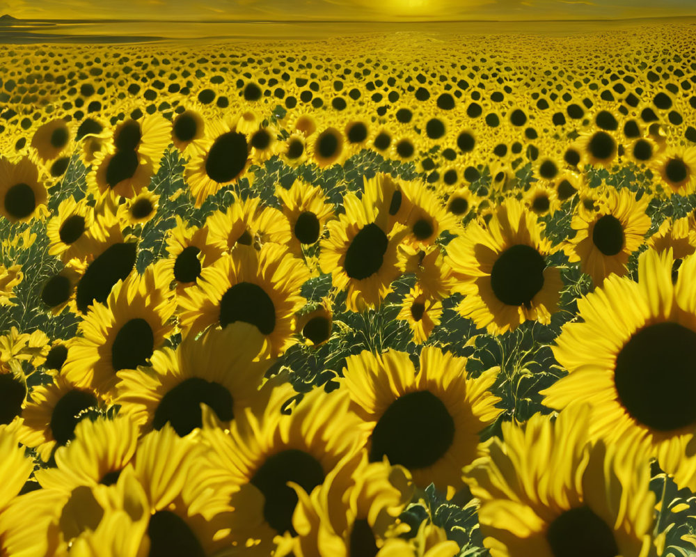 Golden sky over vast blooming sunflower field with vivid yellow petals