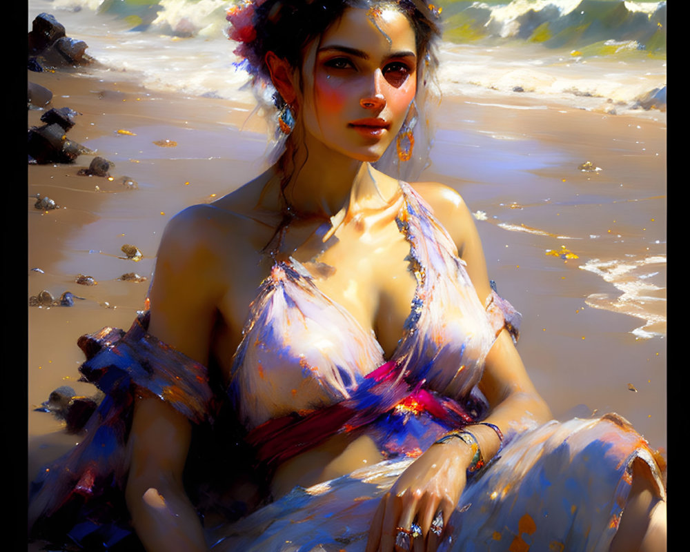 Woman with Floral Headpiece on Beach: Digital Painting with Vivid Brushstrokes