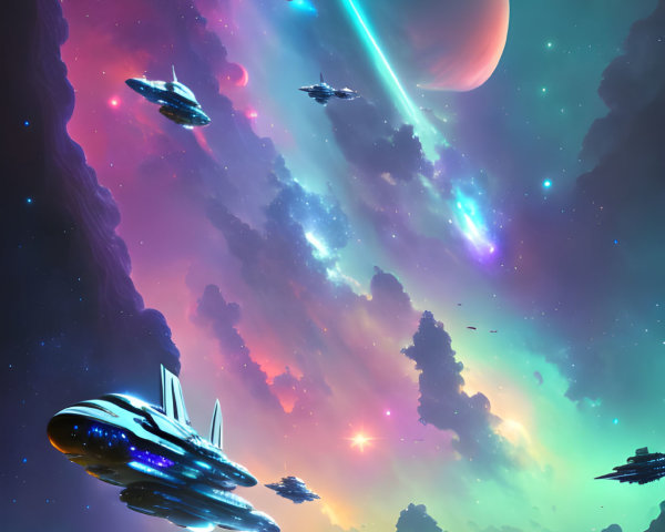 Futuristic sci-fi landscape with hovering spacecraft and giant planet