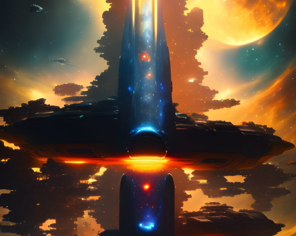 Futuristic spacecraft above reflective surface with planets and stars.