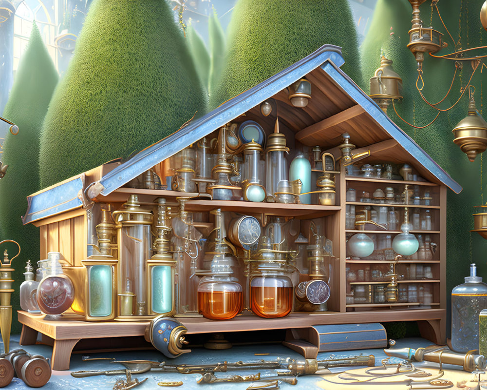 Wooden stand filled with vials and mystical contraptions amidst green topiaries