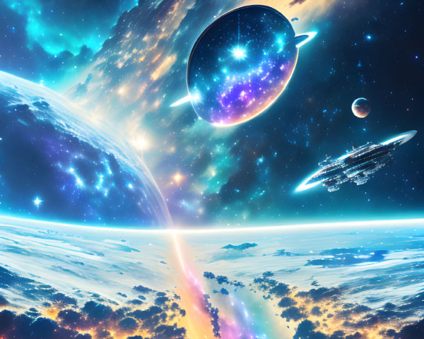 Colorful cosmic scene with spaceships and nebulas.