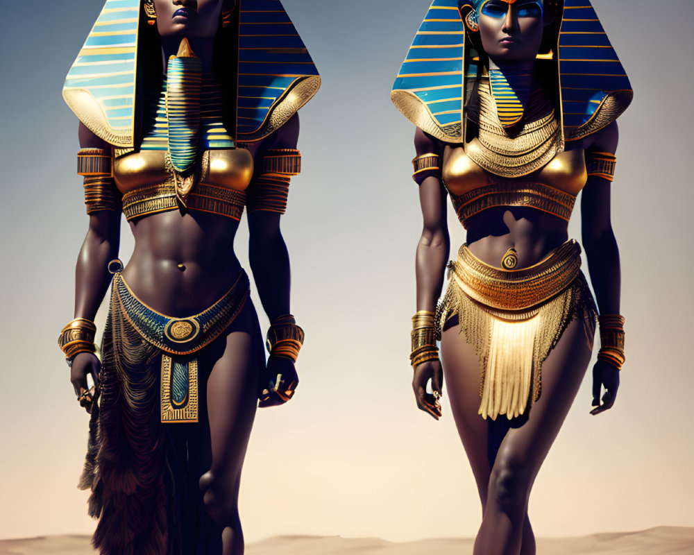 Stylized computer-generated ancient Egyptian royalty figures in desert landscape