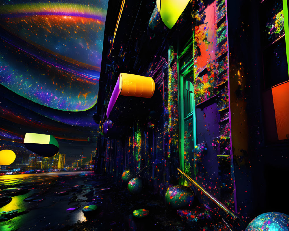 Neon-lit street scene with colorful splashes and geometric shapes