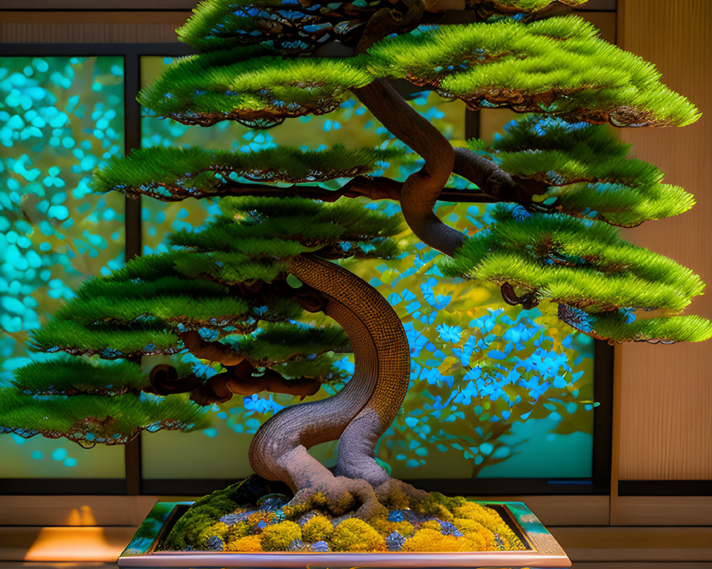 Meticulously sculpted bonsai tree with vibrant green foliage in decorative pot against digital nature backdrop