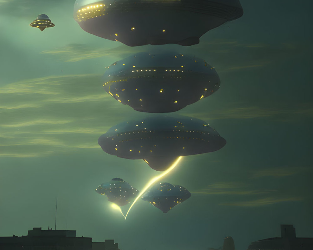 Bright light beams from large UFOs over cityscape with smaller crafts under green sky