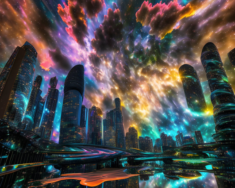 Futuristic cityscape with towering skyscrapers under star-filled sky