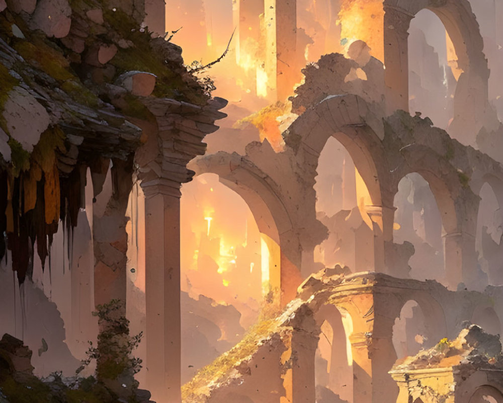 Ancient ruins in rocky landscape with sunlight filtering through.