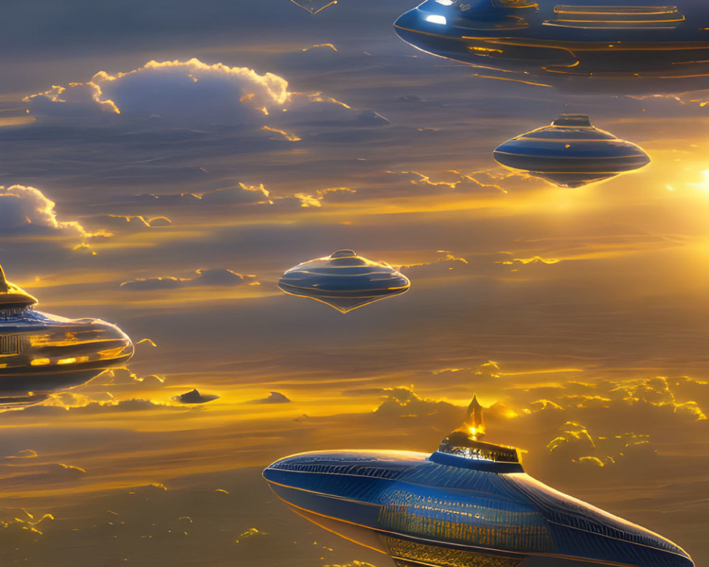 Futuristic floating cities above golden clouds at sunset