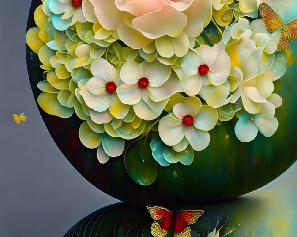Colorful Floral Artwork with Large Blooming Flower and Butterflies
