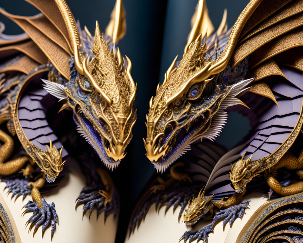 Detailed Digital Artwork: Golden Dragons with Intricate Wings