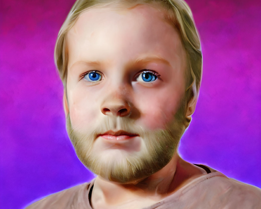 Young boy portrait with blue eyes, blonde hair, brown shirt, pink-blue gradient.
