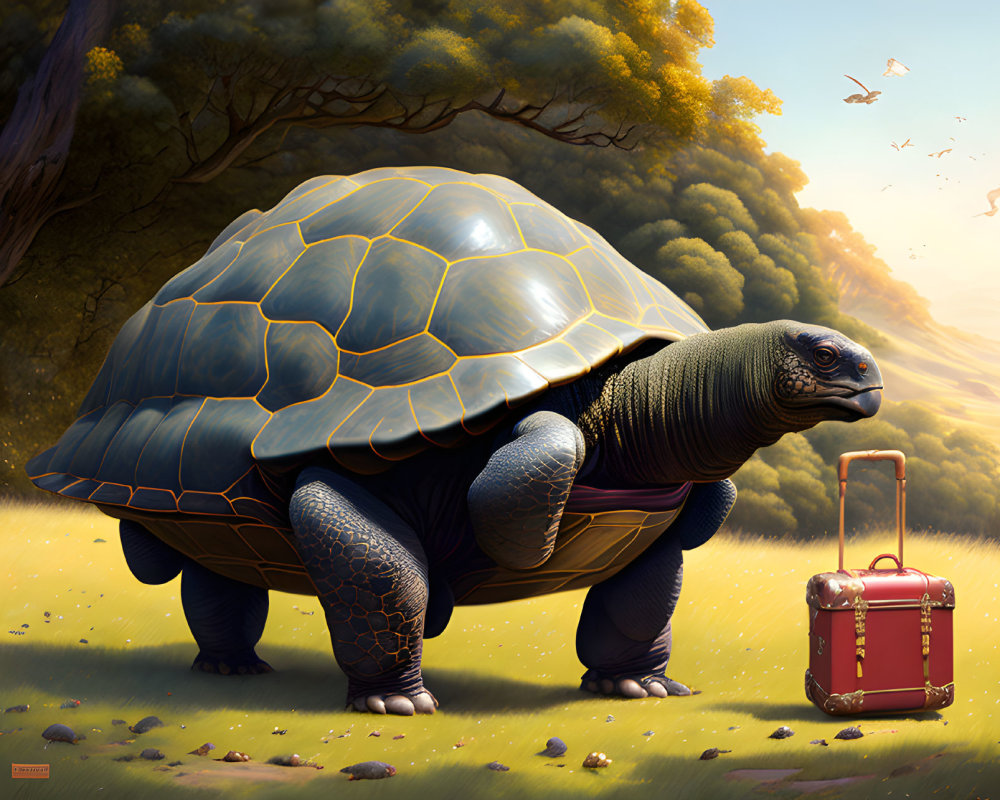Detailed Tortoise Next to Red Suitcase in Sunlit Grass Landscape