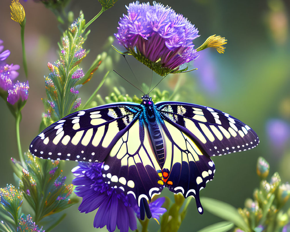 Colorful Butterfly Resting on Purple Flowers with Green Background
