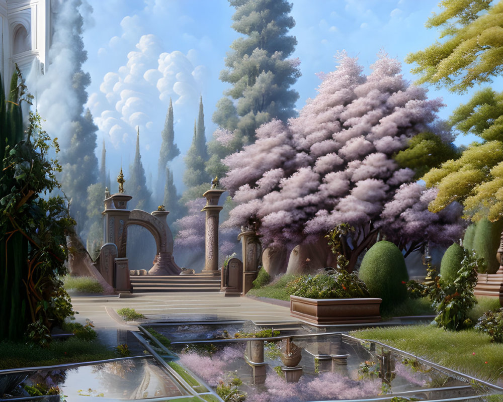 Fantastical garden with lush trees, topiaries, stream, and classical architecture
