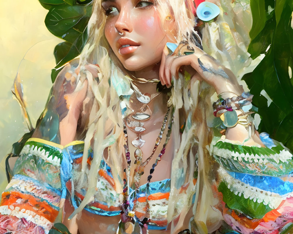 Colorful Bohemian Attire Woman Painting with Beads and Feathers