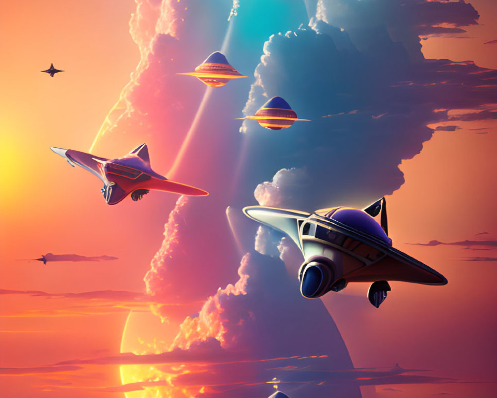 Futuristic planes and pyramids soar over colorful sunset sea
