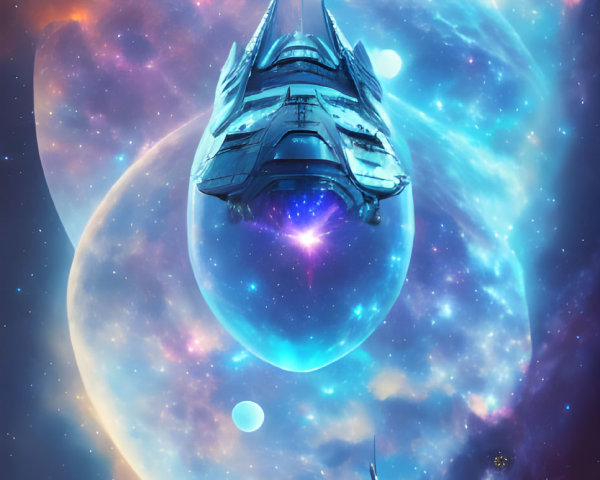 Three futuristic spaceships in cosmic formation with planets, moons, and luminous nebula